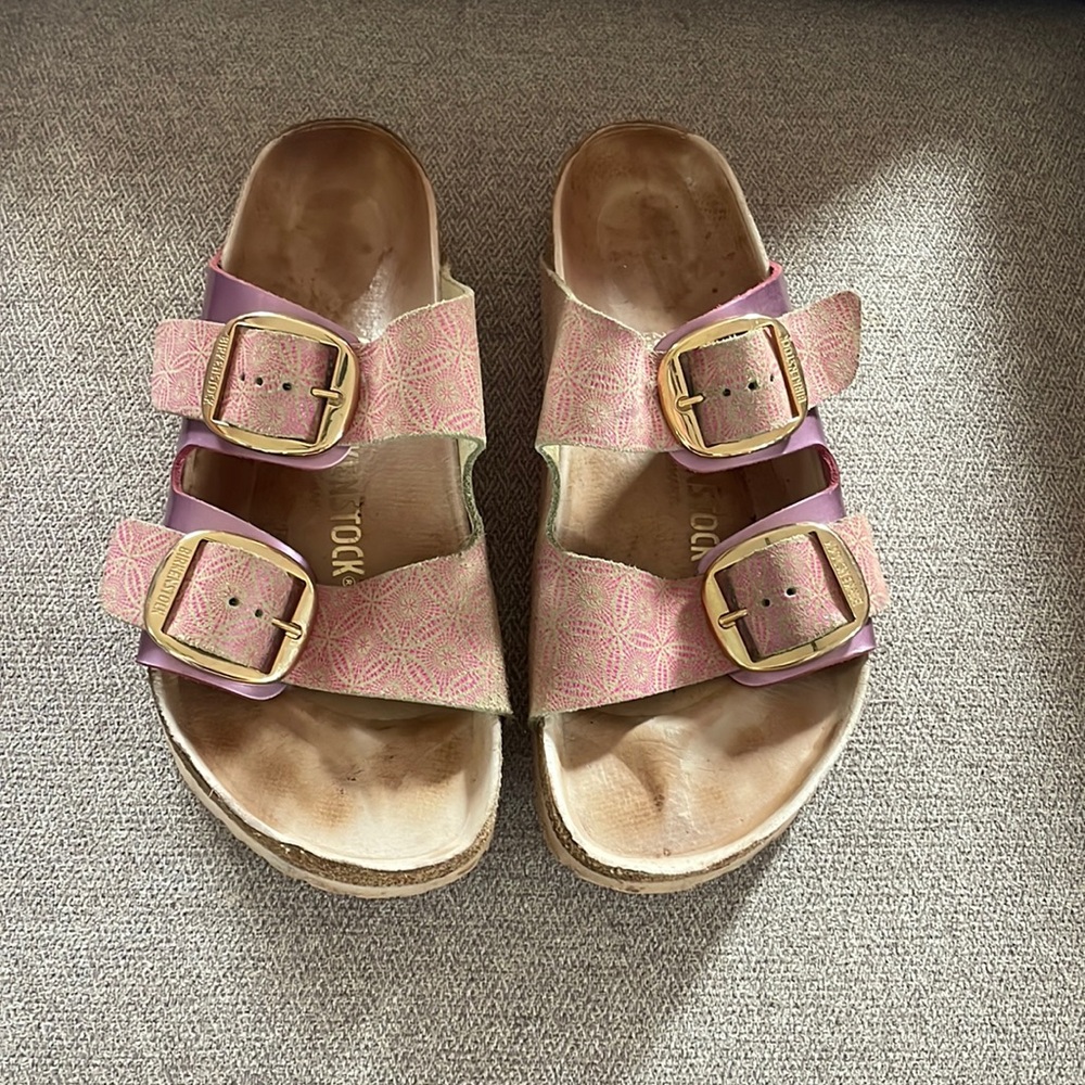 Birkenstock Pink Patterned Two-Strap Sandals with Gold Buckles